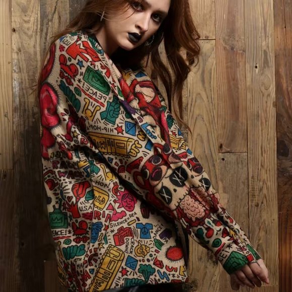 Womens Sweater With Multicolored Designs Small S Stretch Round Neck Print Logo - Picture 7 of 15